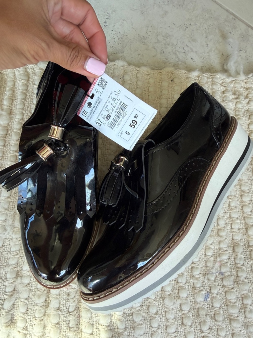 Zara Black Patent Tassel Platform Loafers